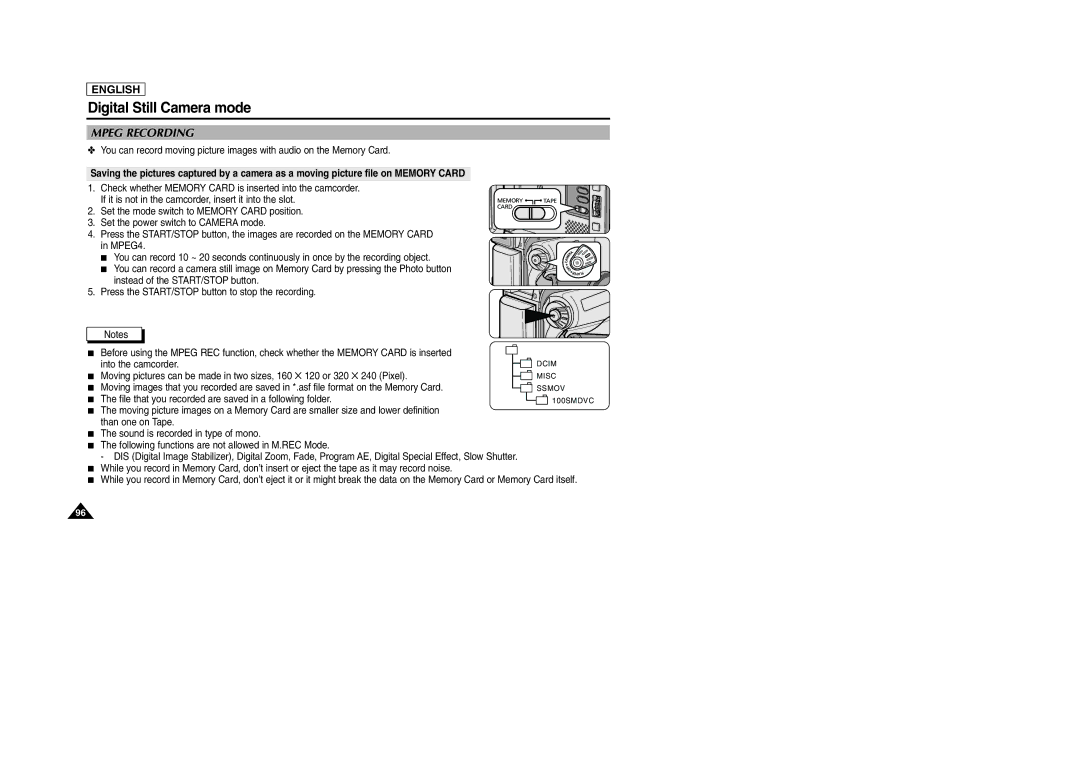 Samsung SCD103/D105 manual Mpeg Recording 