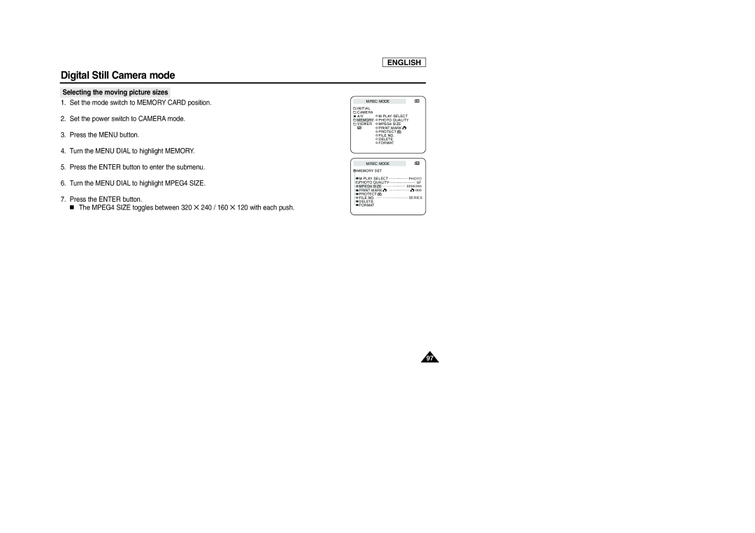 Samsung SCD103/D105 manual Selecting the moving picture sizes 