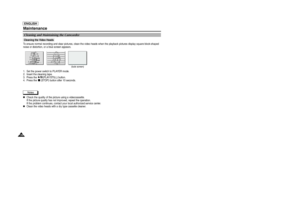 Samsung SCD103/D105 manual Cleaning and Maintaining the Camcorder, Cleaning the Video Heads 