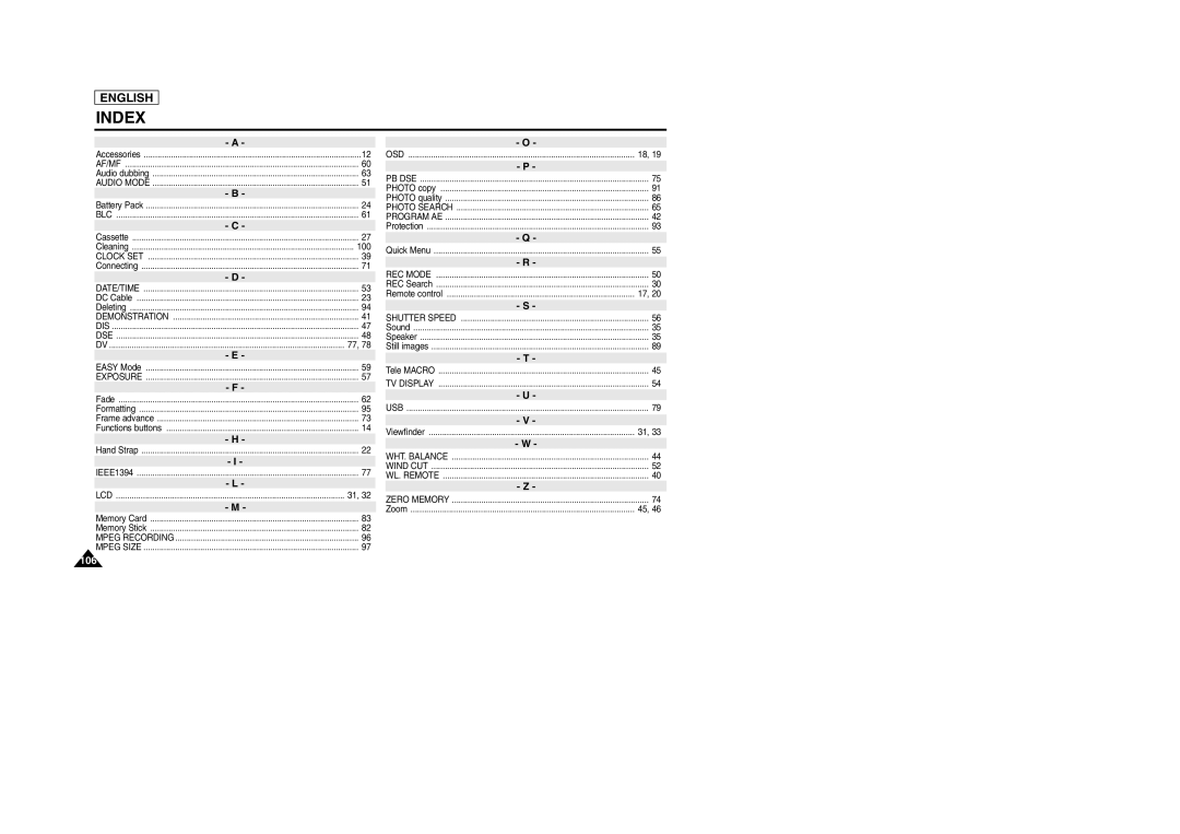 Samsung SCD103/D105 manual Index 