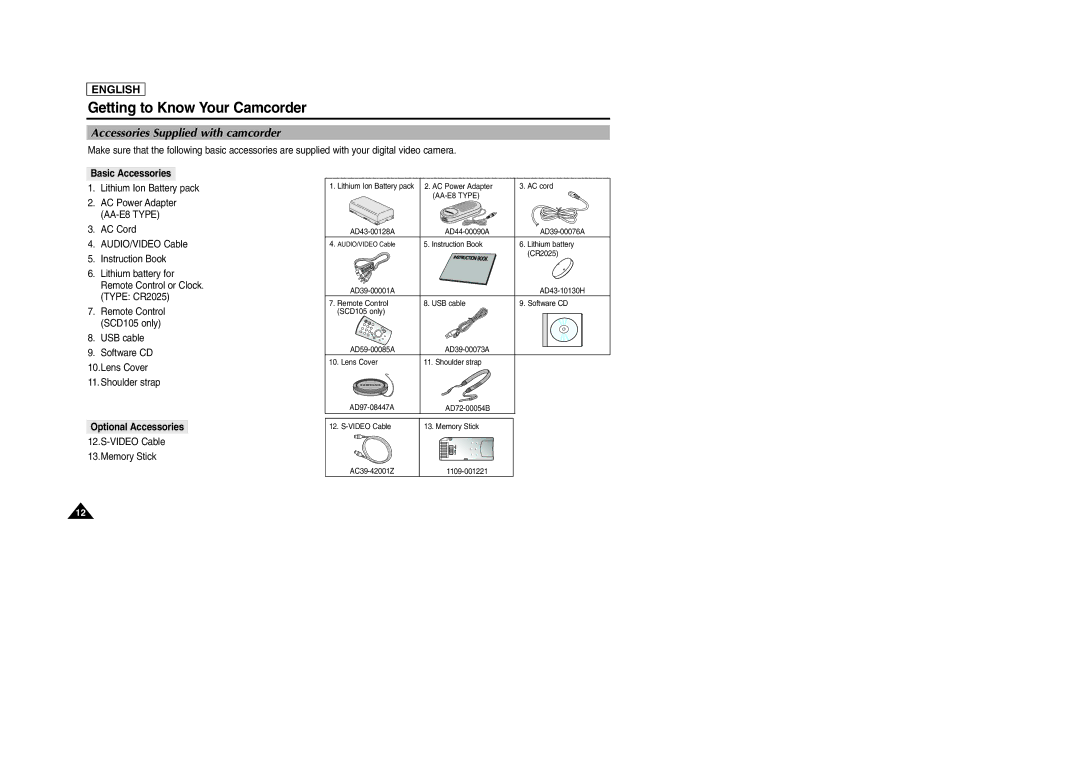 Samsung SCD103/D105 manual Accessories Supplied with camcorder, Basic Accessories, Optional Accessories 