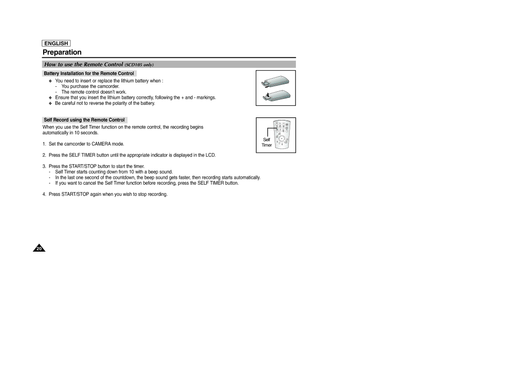 Samsung SCD103/D105 manual How to use the Remote Control SCD105 only, Battery Installation for the Remote Control 