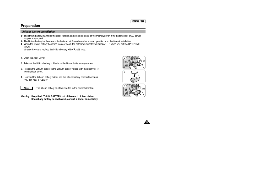 Samsung SCD103/D105 manual Lithium Battery Installation 