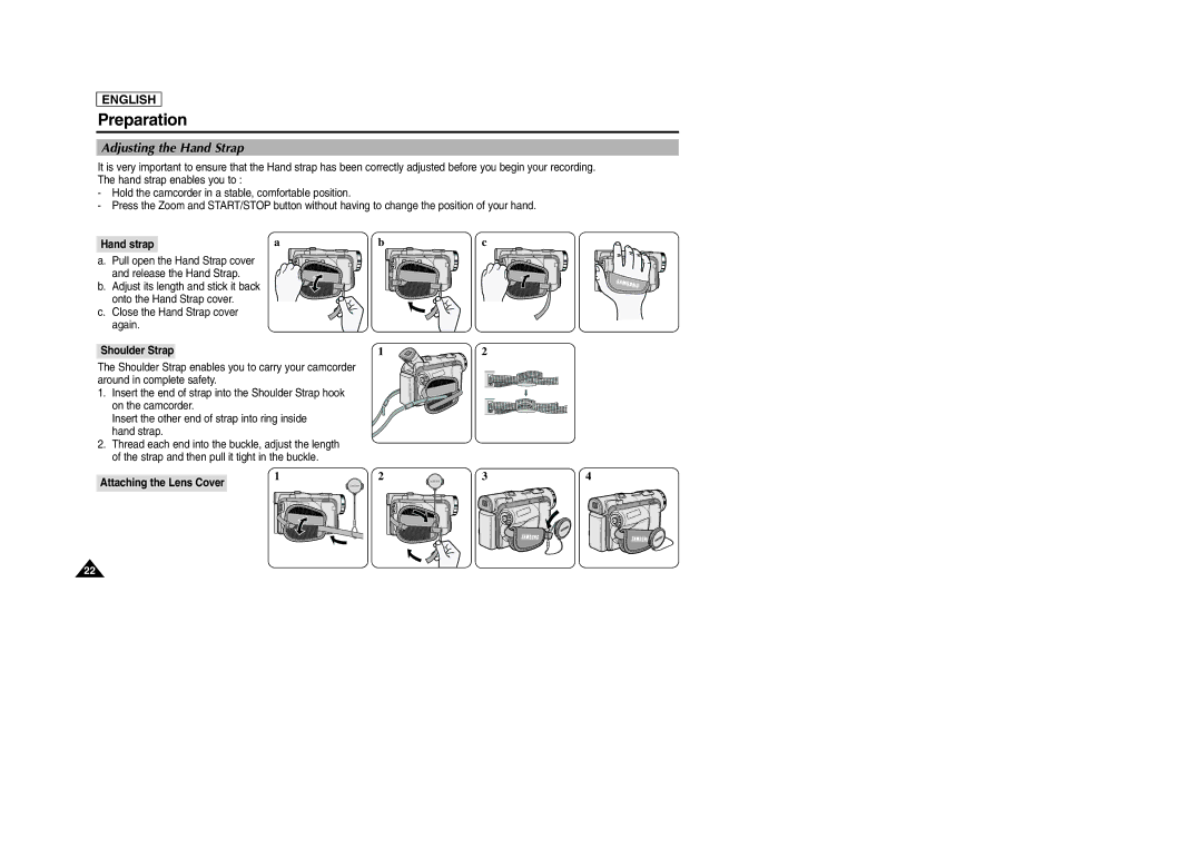 Samsung SCD103/D105 manual Adjusting the Hand Strap, Hand strap, Shoulder Strap, Attaching the Lens Cover 