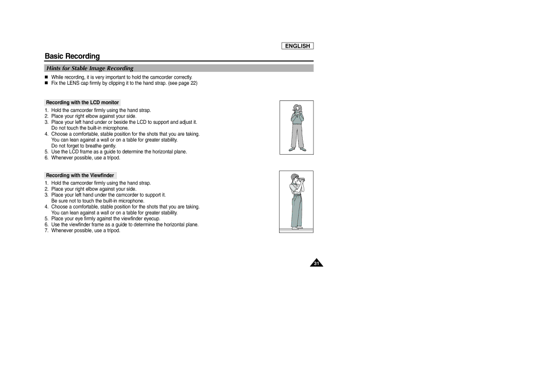 Samsung SCD103/D105 manual Hints for Stable Image Recording, Recording with the LCD monitor, Recording with the Viewfinder 