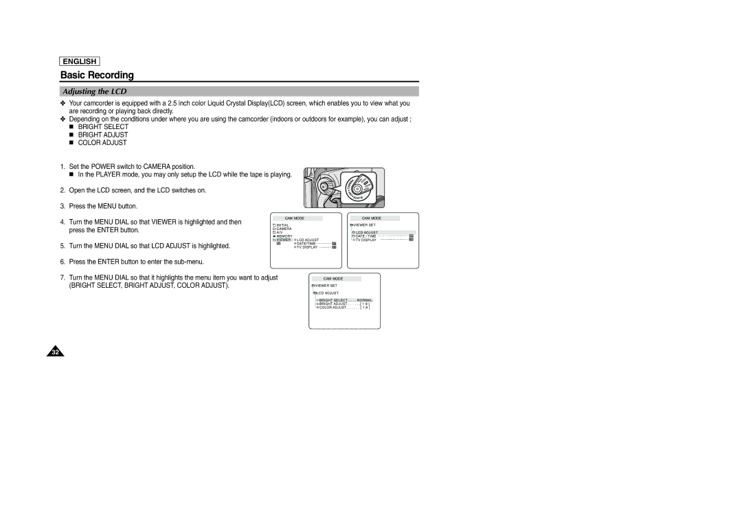 Samsung SCD103/D105 manual Adjusting the LCD, Bright Select Bright Adjust Color Adjust 