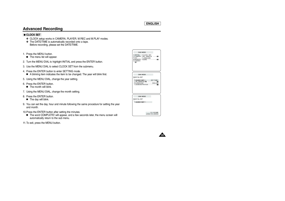 Samsung SCD103/D105 manual Clock SET, Clock setup works in CAMERA, PLAYER, M.REC and M.PLAY modes 