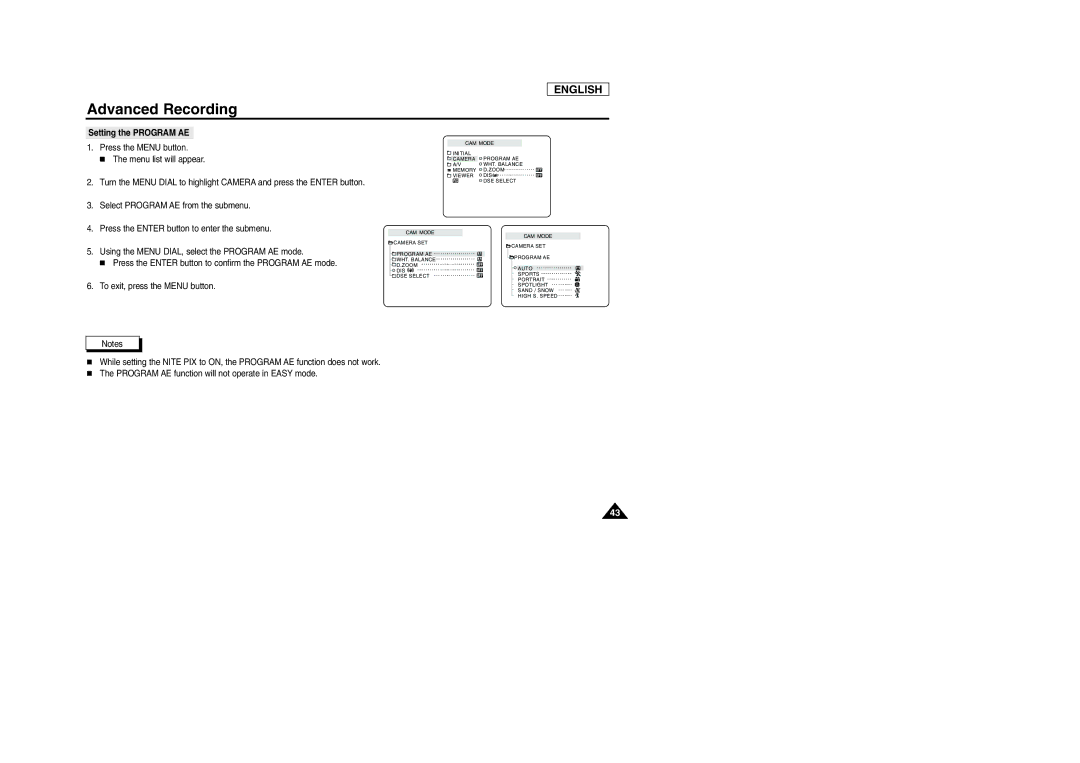 Samsung SCD103/D105 manual Setting the Program AE 