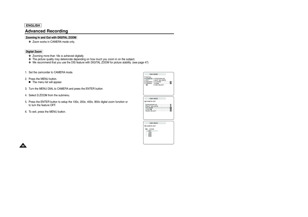 Samsung SCD103/D105 manual Zooming In and Out with Digital Zoom 