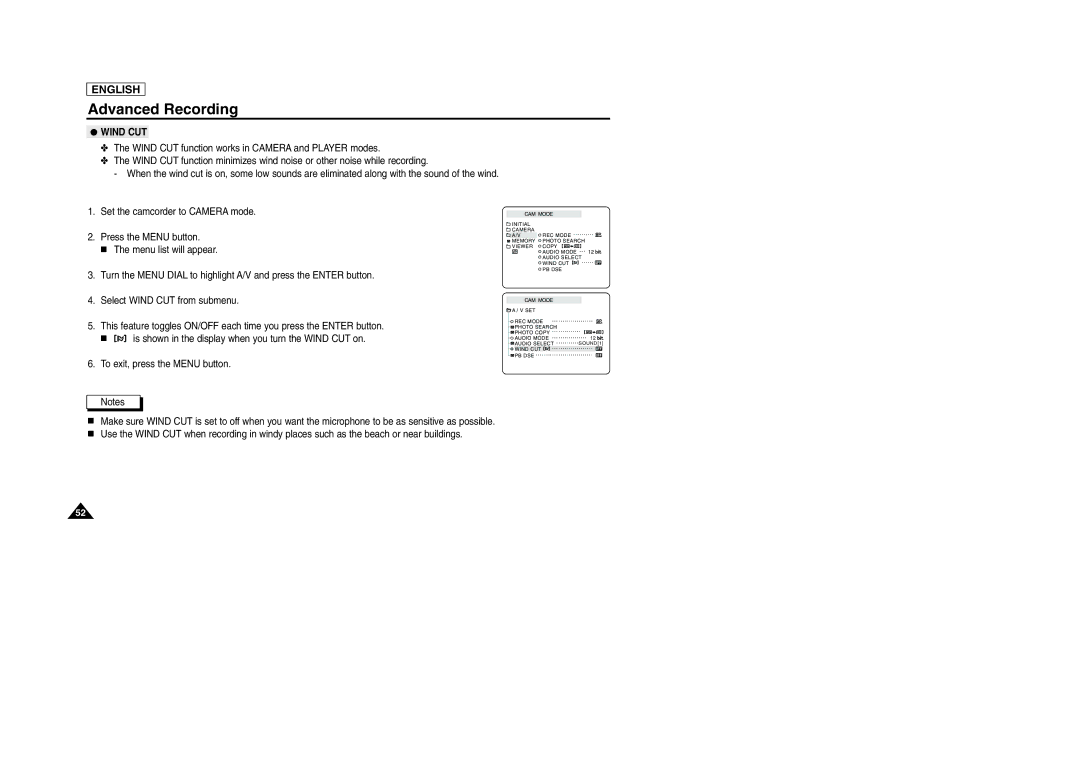 Samsung SCD103/D105 manual Wind CUT 