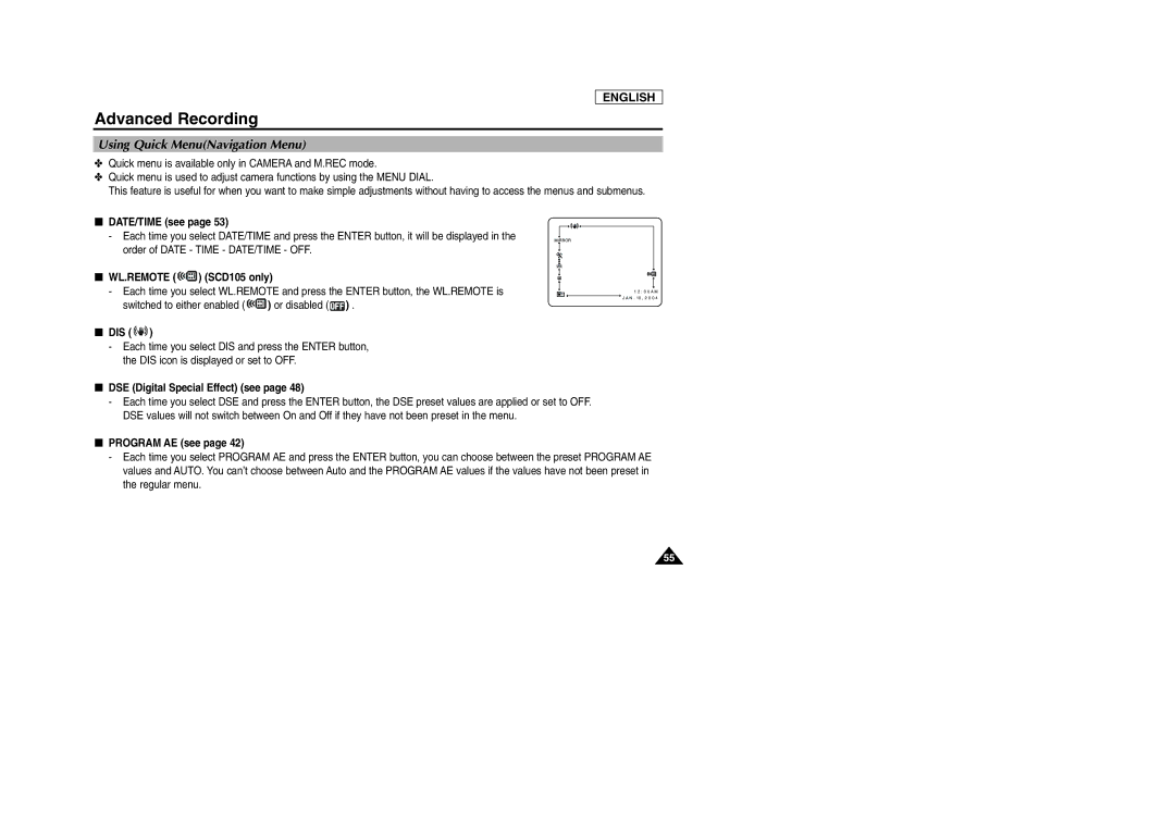 Samsung SCD103/D105 manual Using Quick MenuNavigation Menu, Wl.Remote 