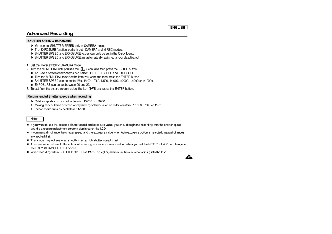 Samsung SCD103/D105 manual Recommended Shutter speeds when recording 