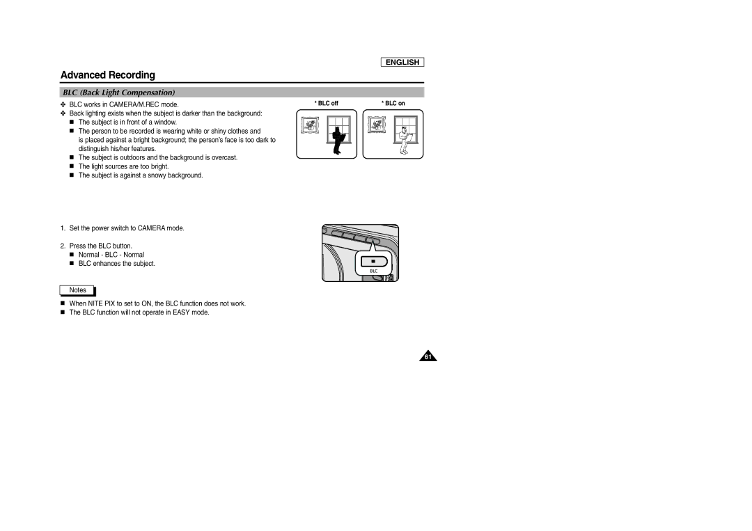 Samsung SCD103/D105 manual BLC Back Light Compensation, BLC works in CAMERA/M.REC mode 