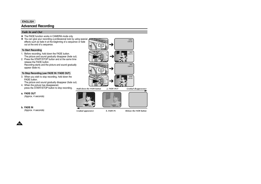 Samsung SCD103/D105 manual Fade In and Out, To Start Recording, To Stop Recording use Fade in / Fade OUT 