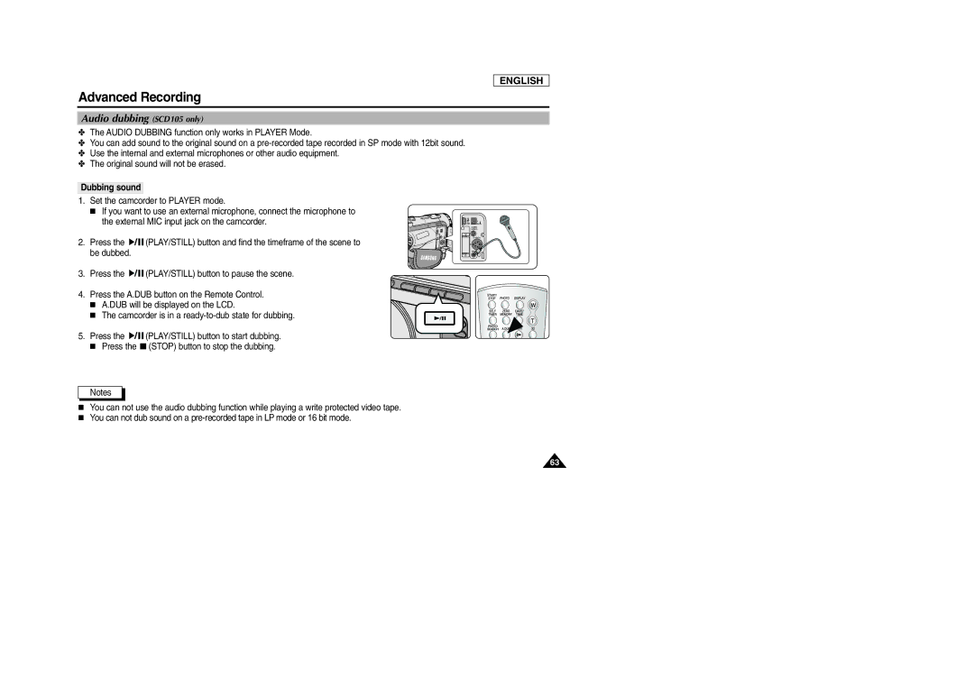 Samsung SCD103/D105 manual Audio dubbing SCD105 only, Dubbing sound 