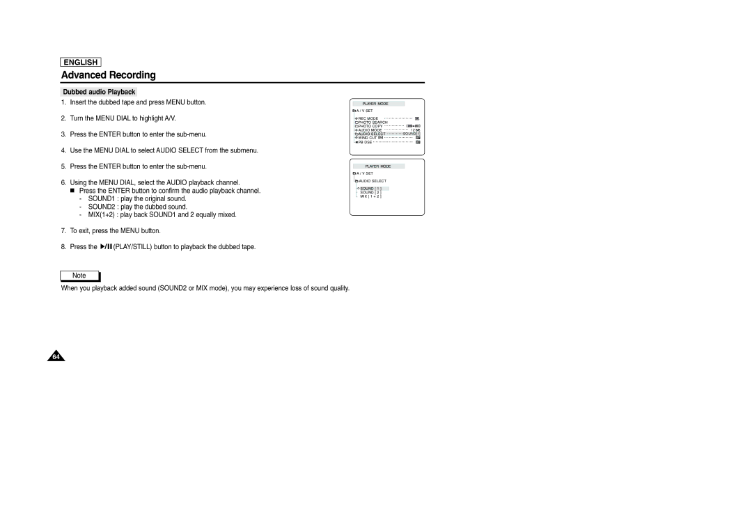 Samsung SCD103/D105 manual Dubbed audio Playback 