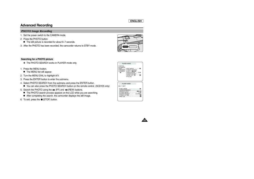 Samsung SCD103/D105 manual Photo Image Recording, Searching for a Photo picture 