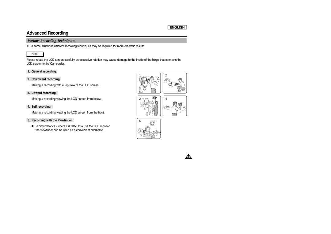 Samsung SCD103/D105 Various Recording Techniques, General recording Downward recording, Upward recording, Self recording 