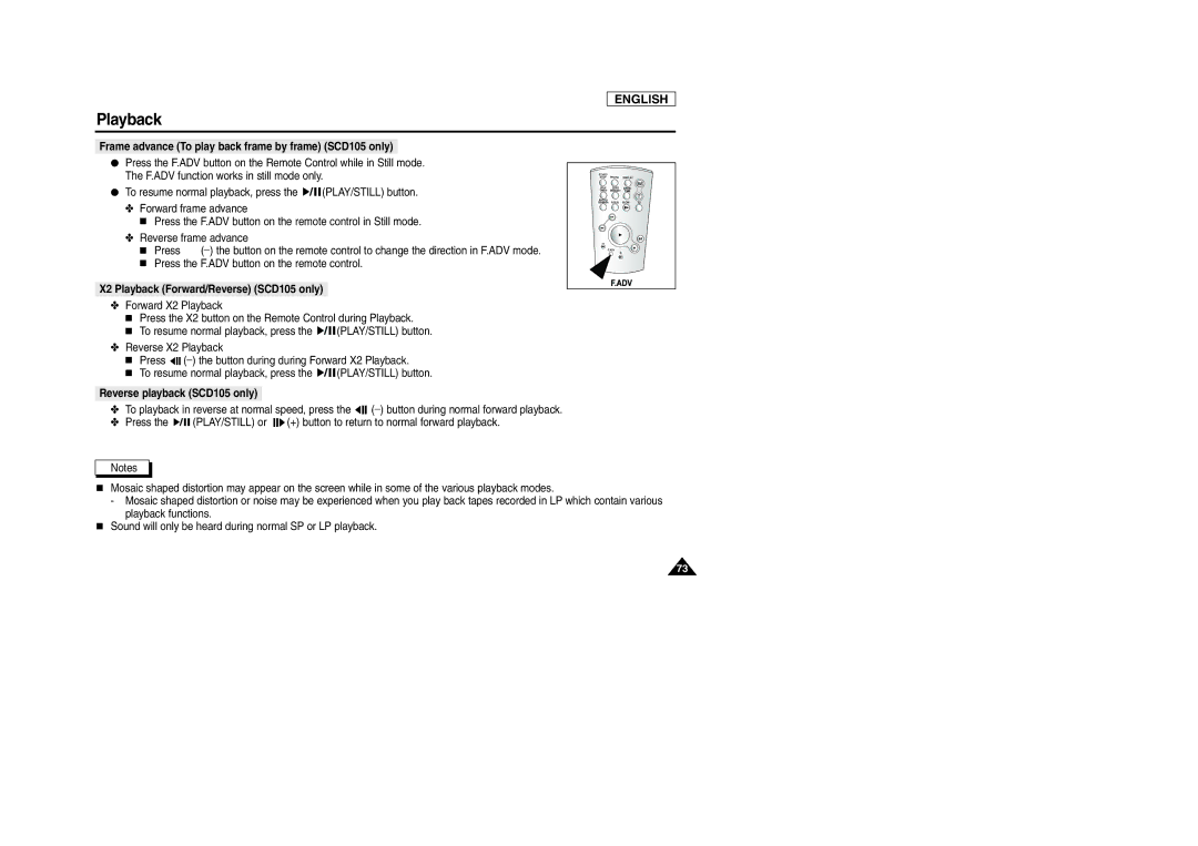 Samsung SCD103/D105 manual Frame advance To play back frame by frame SCD105 only, X2 Playback Forward/Reverse SCD105 only 