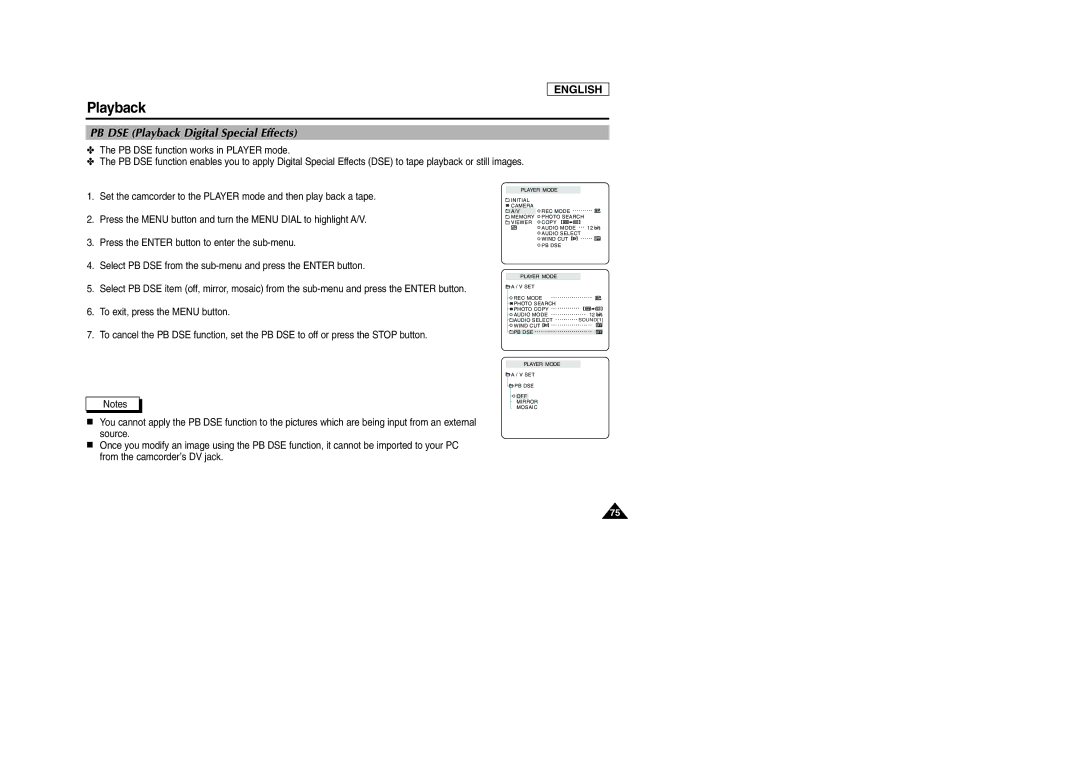 Samsung SCD103/D105 manual PB DSE Playback Digital Special Effects 