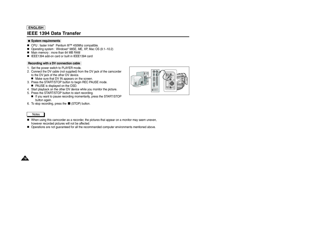 Samsung SCD103/D105 manual System requirements, Recording with a DV connection cable 