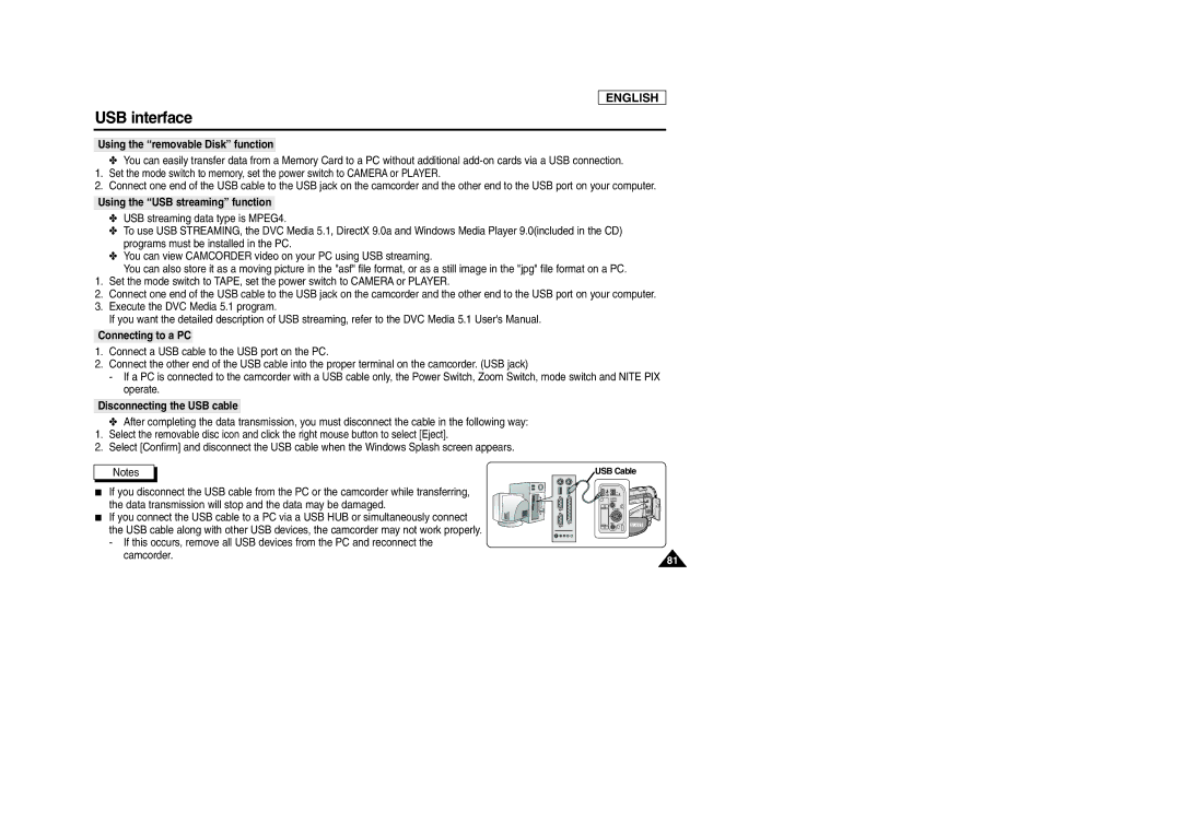 Samsung SCD103/D105 manual Using the removable Disk function, Using the USB streaming function, Disconnecting the USB cable 