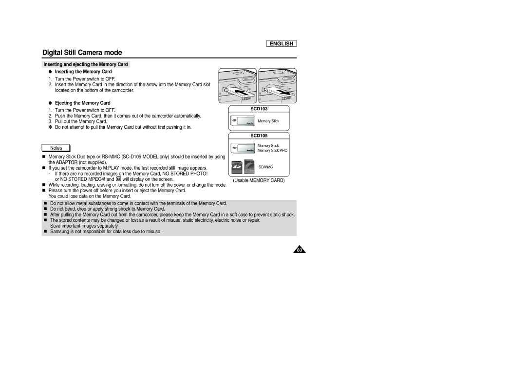 Samsung SCD103/D105 manual Ejecting the Memory Card, Or no Stored MPEG4! and will display on the screen 