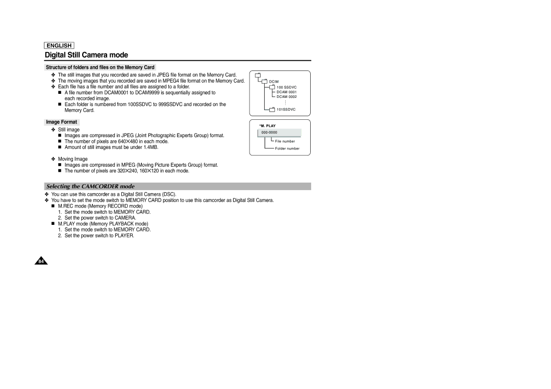 Samsung SCD103/D105 manual Selecting the Camcorder mode, Structure of folders and files on the Memory Card, Image Format 