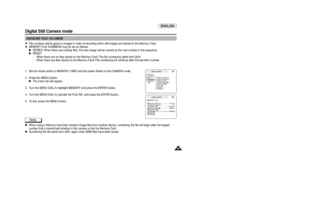 Samsung SCD103/D105 manual Memory File Number 