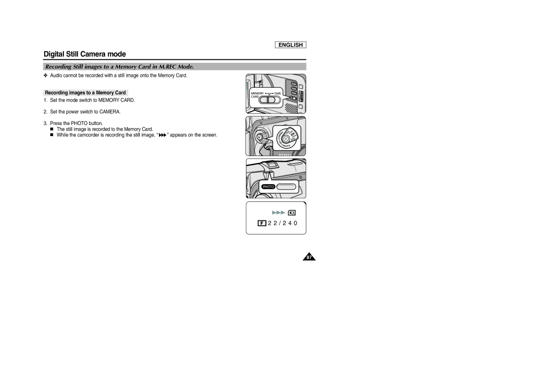 Samsung SCD103/D105 manual Recording Still images to a Memory Card in M.REC Mode, Recording images to a Memory Card 