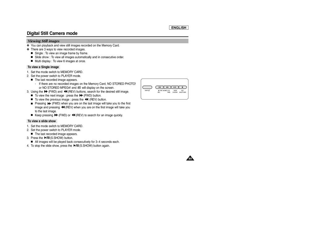 Samsung SCD103/D105 manual Viewing Still images, To view a Single image, To view a slide show 