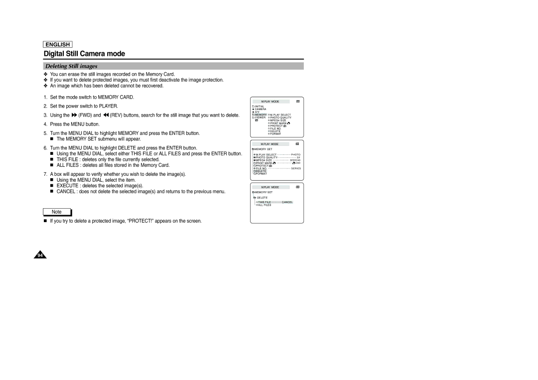 Samsung SCD103/D105 manual Deleting Still images 