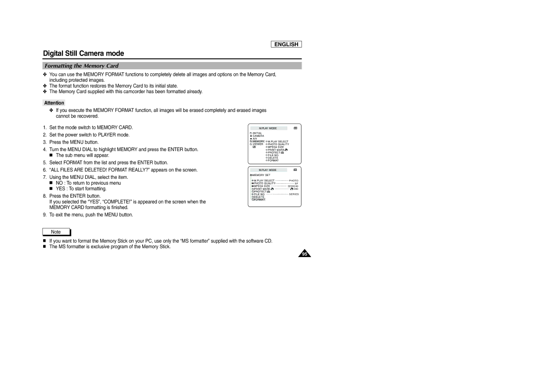 Samsung SCD103/D105 manual Formatting the Memory Card 