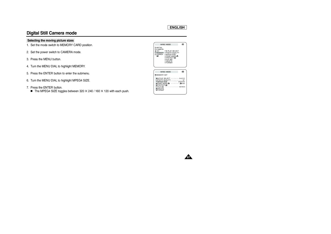 Samsung SCD105 manual Selecting the moving picture sizes 