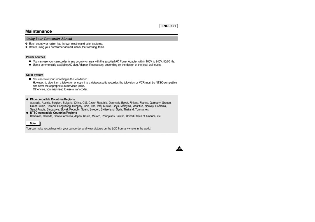 Samsung SCD105 manual Using Your Camcorder Abroad, Power sources, Color system, PAL-compatible Countries/Regions 