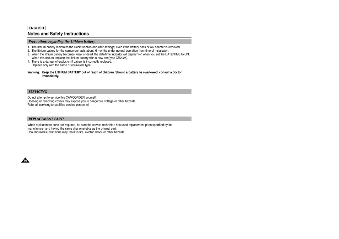 Samsung SCD105 manual Precautions regarding the Lithium battery, Servicing 