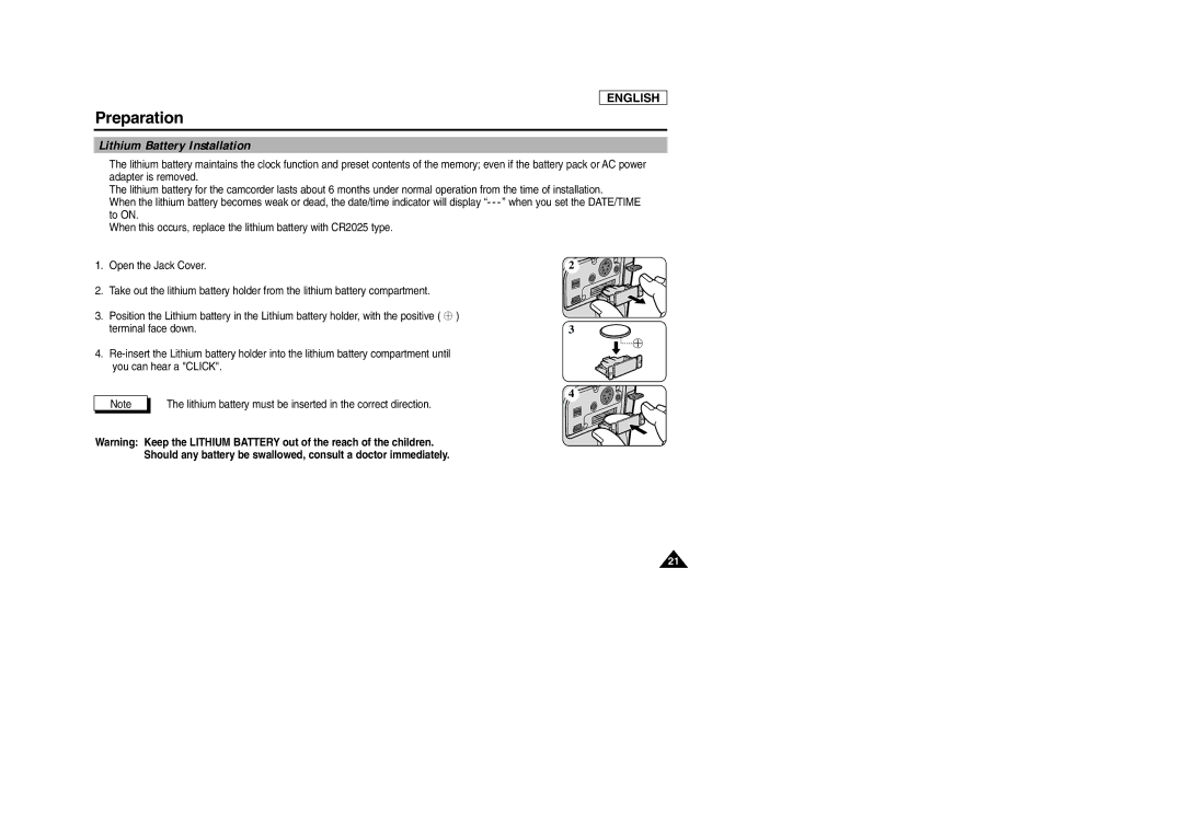 Samsung SCD105 manual Lithium Battery Installation 