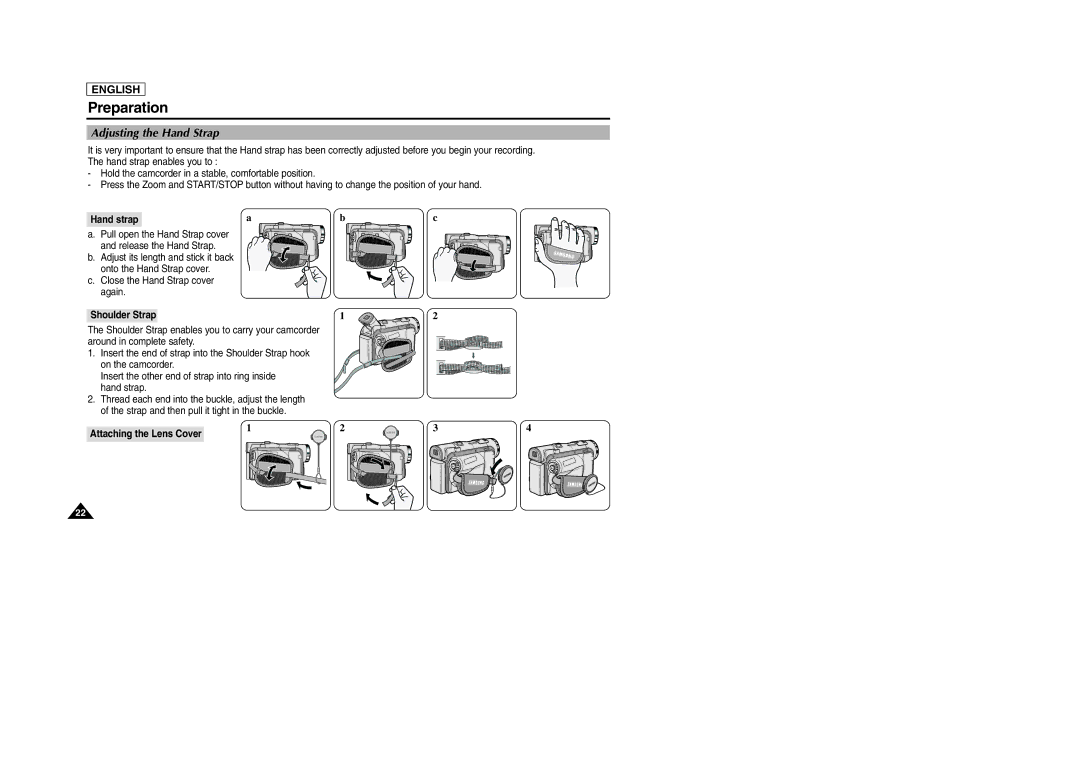 Samsung SCD105 manual Adjusting the Hand Strap, Hand strap, Shoulder Strap, Attaching the Lens Cover 