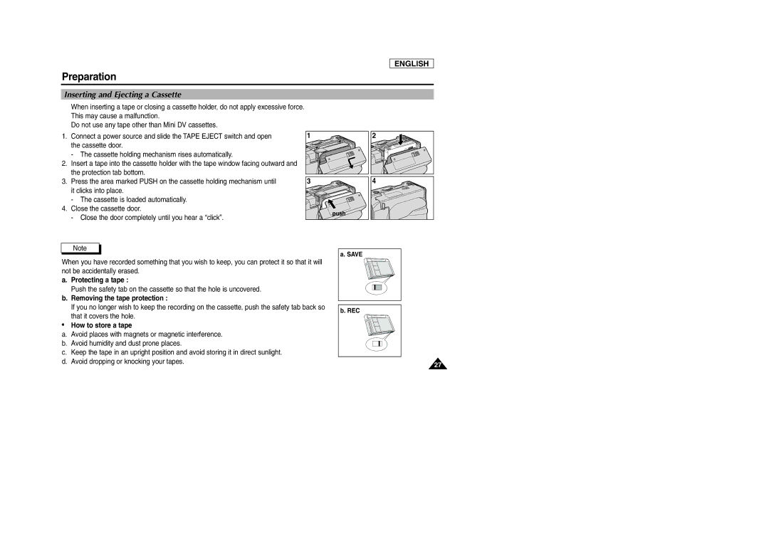 Samsung SCD105 Inserting and Ejecting a Cassette, Protecting a tape, Removing the tape protection, How to store a tape 