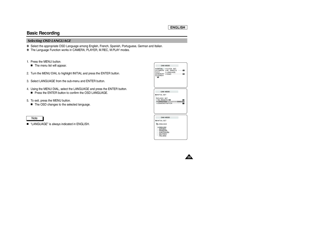 Samsung SCD105 manual Selecting OSD Language 