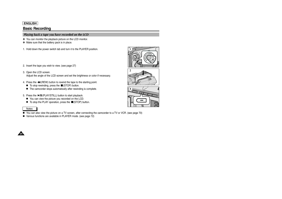 Samsung SCD105 manual Playing back a tape you have recorded on the LCD 