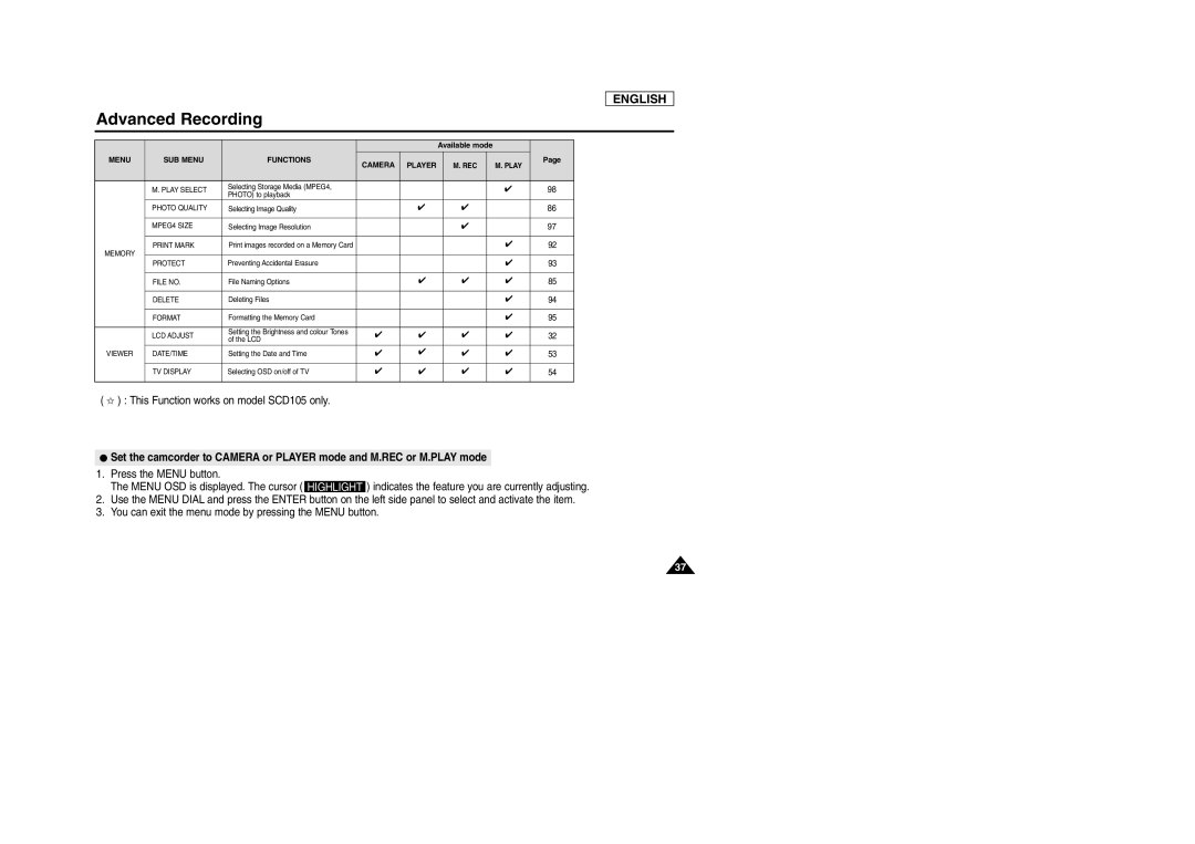 Samsung manual This Function works on model SCD105 only 