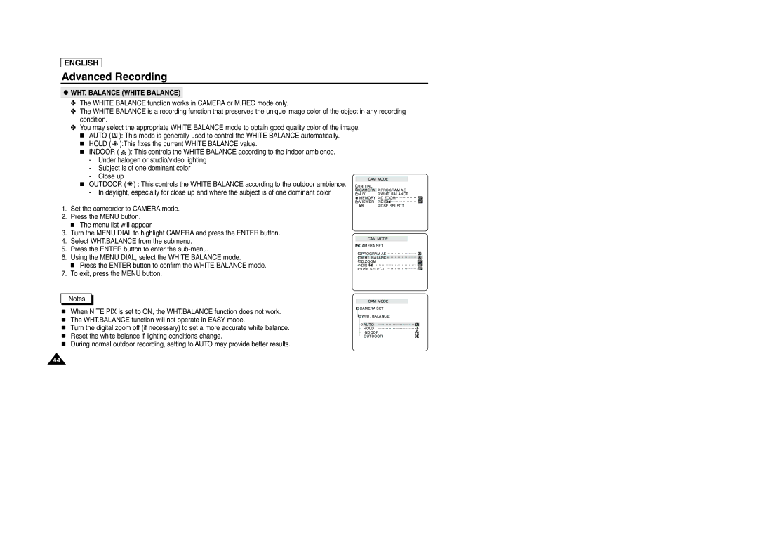 Samsung SCD105 manual WHT. Balance White Balance 