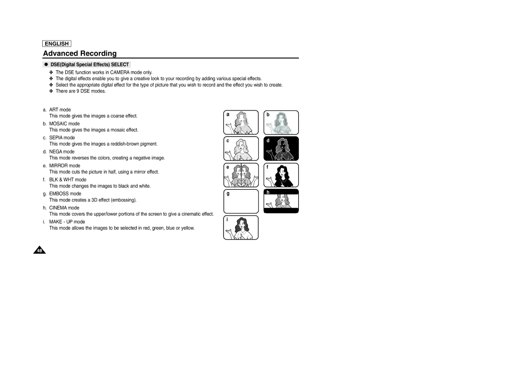 Samsung SCD105 manual DSEDigital Special Effects Select 