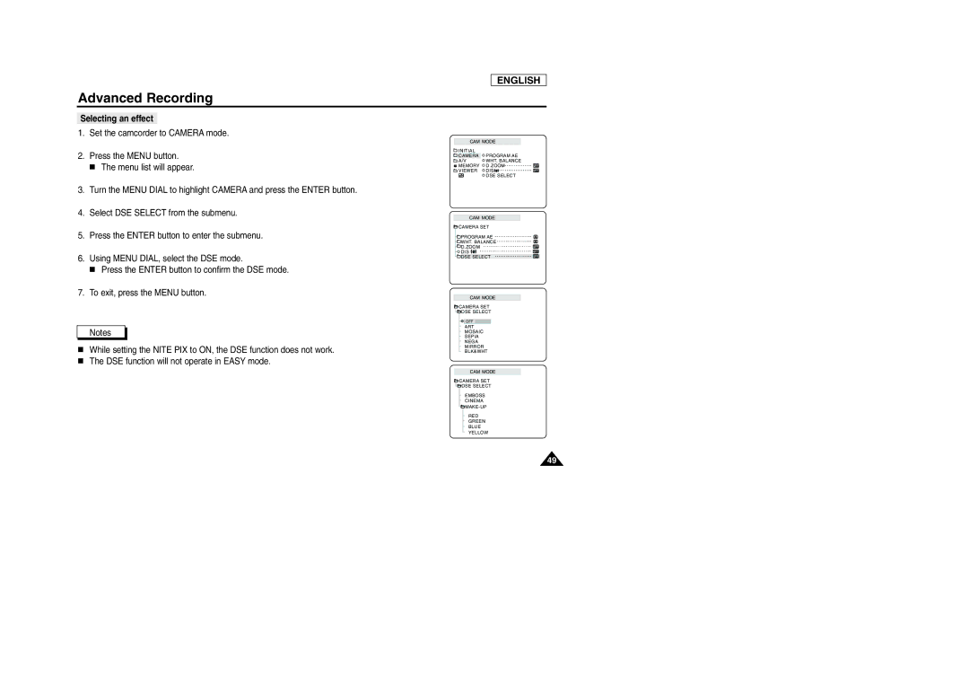 Samsung SCD105 manual Selecting an effect 