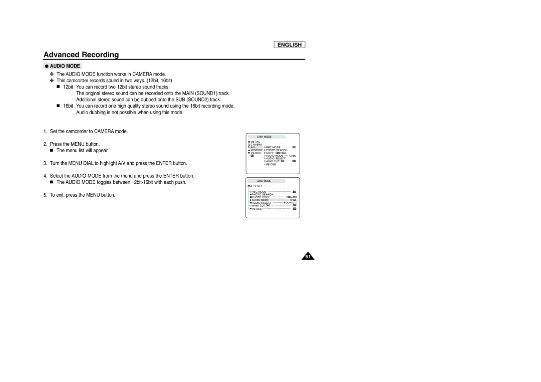 Samsung SCD105 manual Audio Mode 