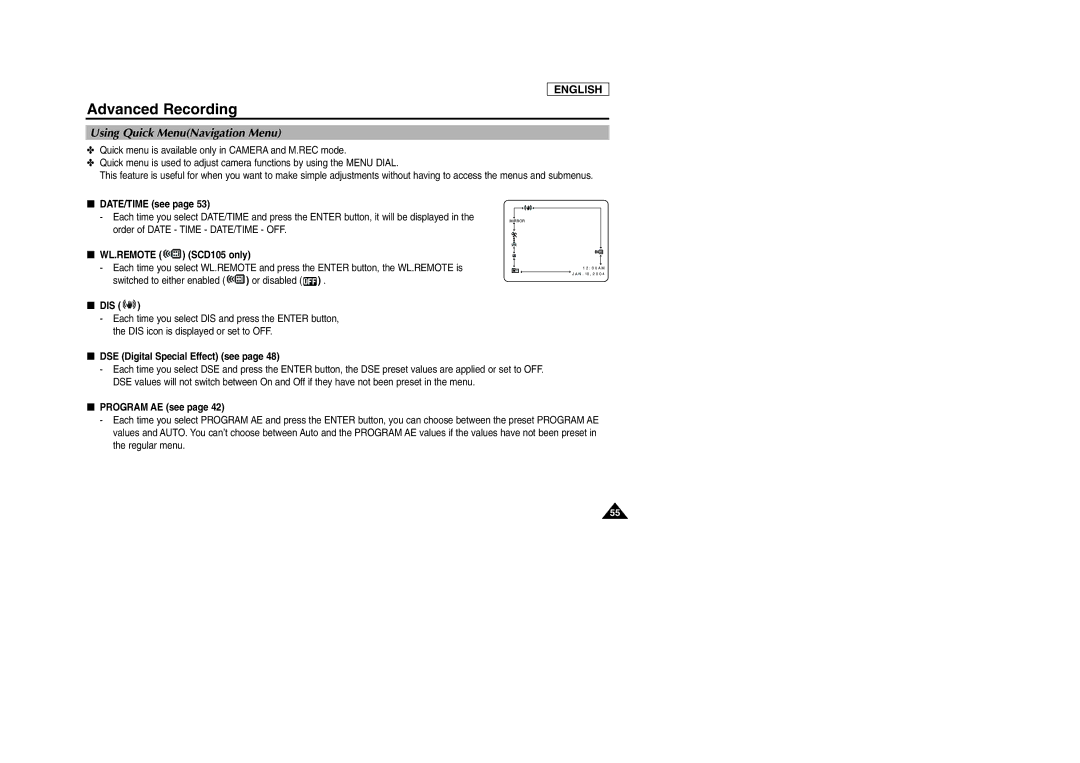 Samsung SCD105 manual Using Quick MenuNavigation Menu, Wl.Remote 