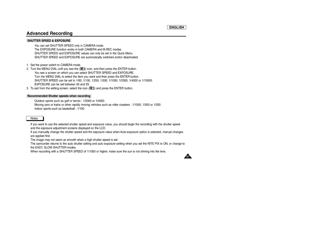 Samsung SCD105 manual Recommended Shutter speeds when recording 