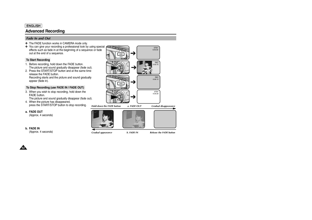 Samsung SCD105 Fade In and Out, To Start Recording, To Stop Recording use Fade in / Fade OUT, Fade OUT Approx seconds 
