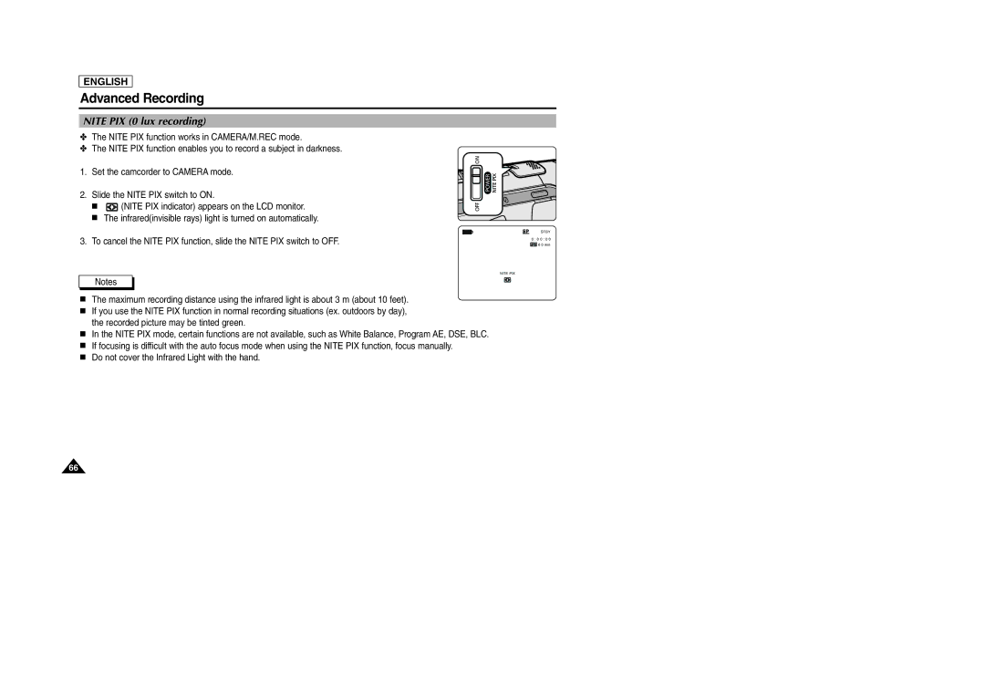 Samsung SCD105 manual Nite PIX 0 lux recording 